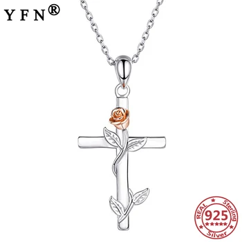 شراءYFN 925 فضة الصليب روز القلائد قلادة فضية 925 سلسلة قلادة المرأة 925 عيد الحب هدية عيد الأم هدايا