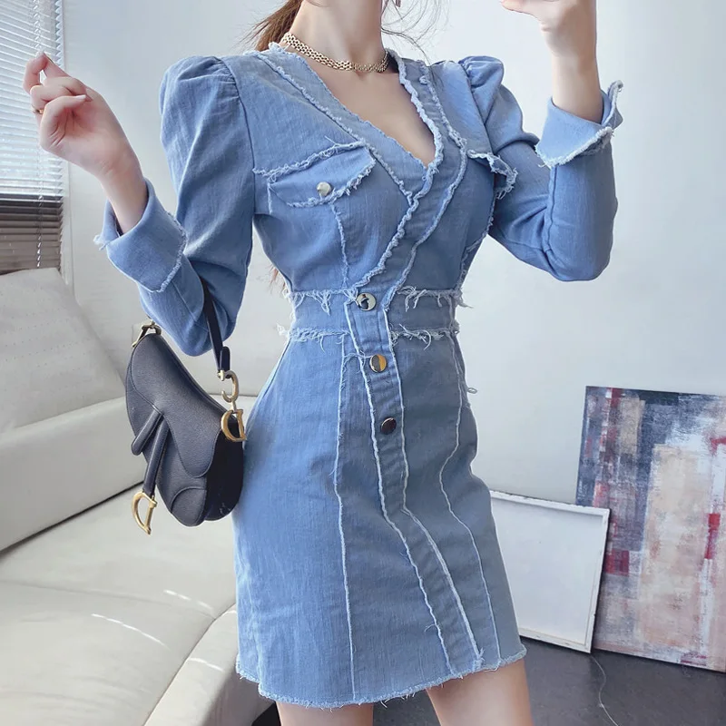 2020 Fashion Jeans Dress for Women Clothing Long Sleeve Singer Button Wrap Blue Dress Woman Casual Elegant Mini Fall Dress Lady