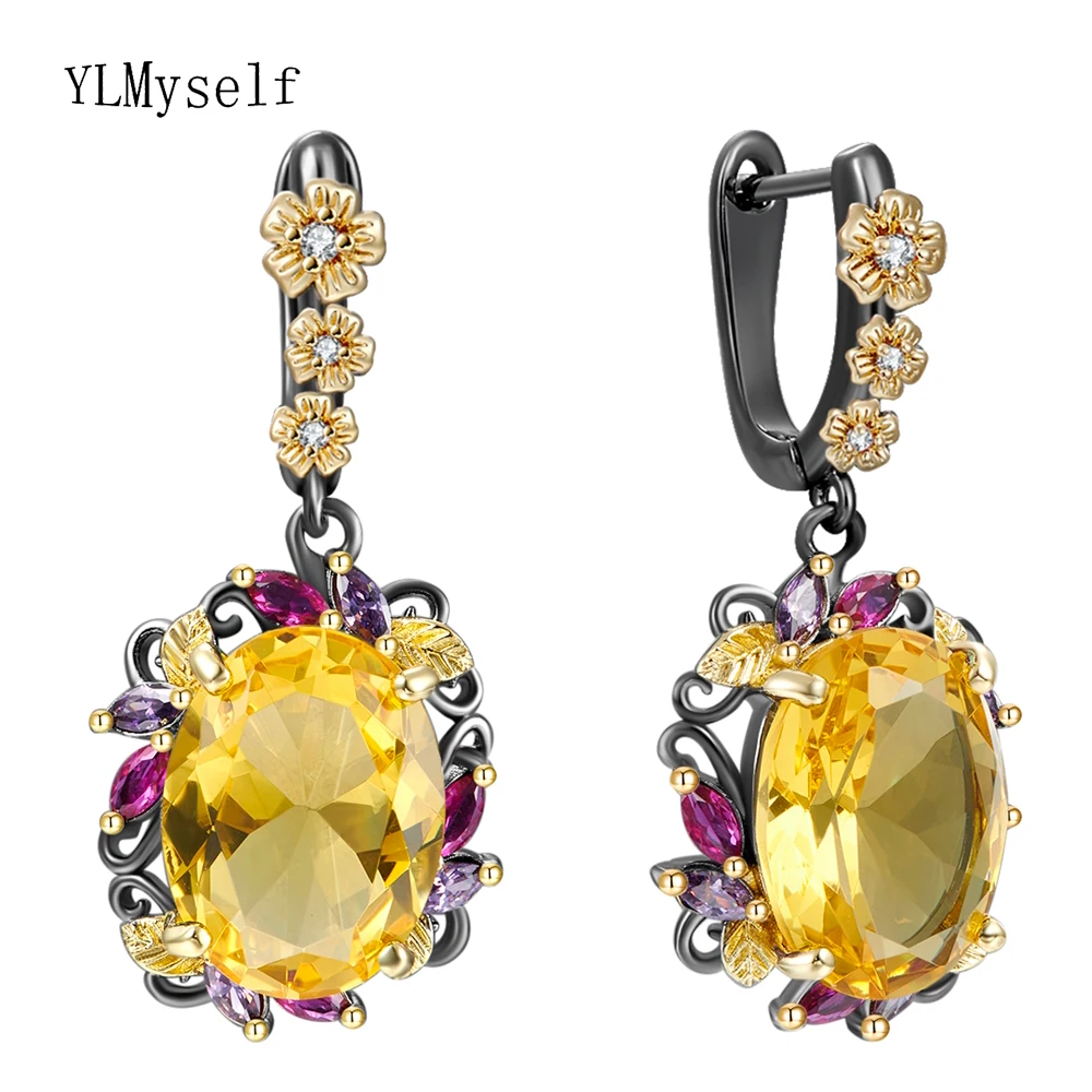 

Luxury Female Oval Crystal Zircon Stone Jewelry Vintage Black Yellow Long Dangle Earrings For Women