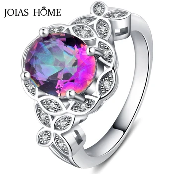 

JoiasHome Classic Women Silver Ring With 8mm Round Shape Fire Rainbow Stone Oval Topaz Finger Jewelry Rings Wedding Party Gift