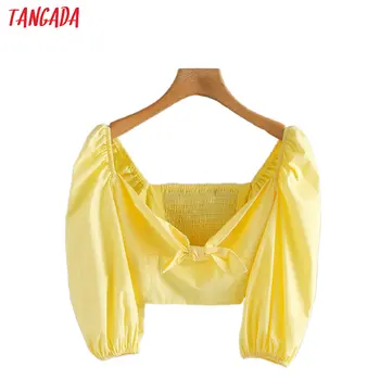 

Tangada women yellow bow crop shirts summer half sleeve solid v-neck ladies street wear blouses 5Z83