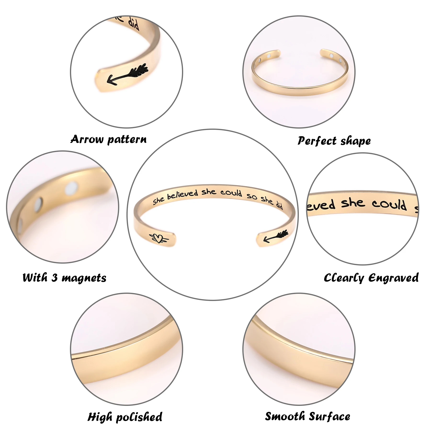 Myshape 316L Stainless Steel Engraved She Believed She Could So She Did 3 Magnets Healthy Magnetic Women Cuff Bangle Jewelry