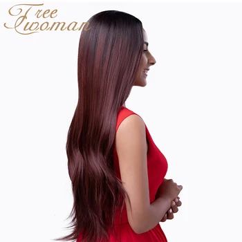 

FREEWOMAN 24in Straight Wig With Natural Hairline Dark Red Middle Part Synthetic Wigs For Women Party False Hair Wigs