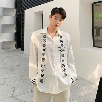 

New Male Streetwear Retro Fashion Dress Shirts Men Spring Summer Casual Tie Long Sleeve Thin Shirts