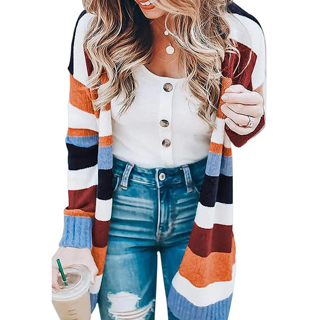 

Women Casual Long Sleeve Patchwork Loose Autumn, Spring Long Orange, Purple Knitted Cardigan