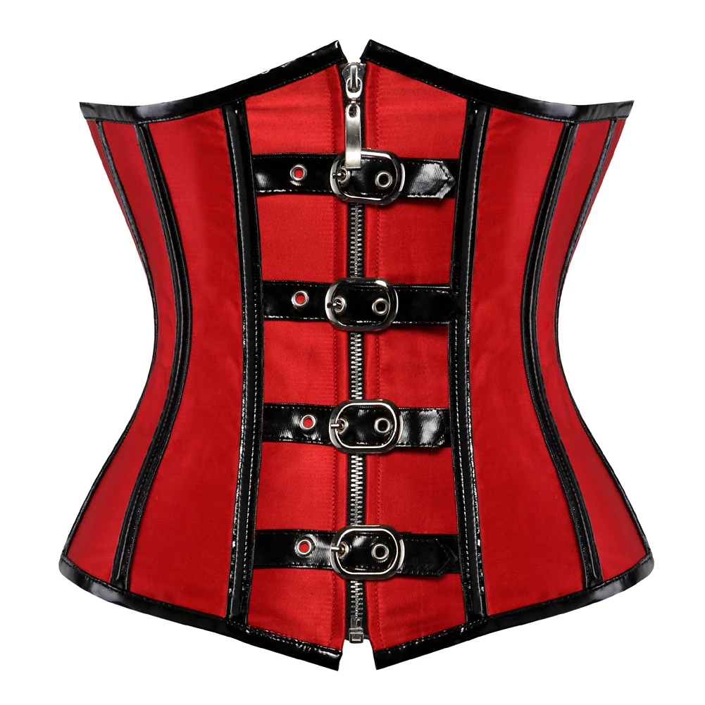 Red Real Leather Bondage Corset Underbust Buckle Corset Steel Boned