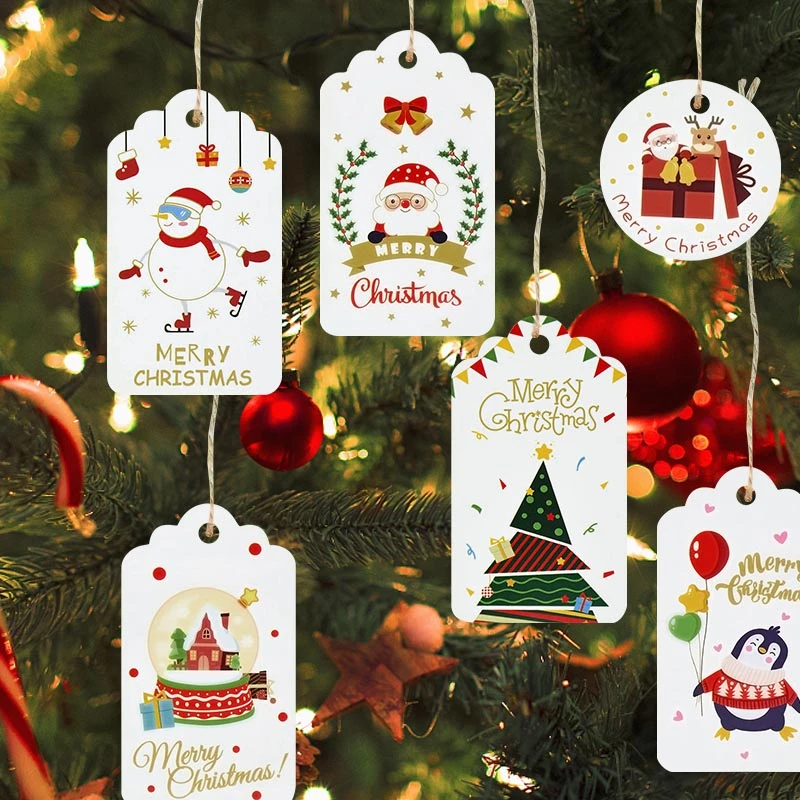 50Pcs Merry Christmas Tags Gift Labels Gift Wrapping Kraft Paper Hang Tags Santa Claus Paper Card Xmas DIY Crafts Party Supplies