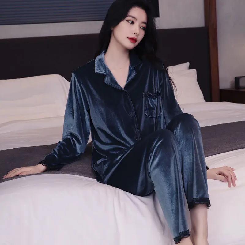 

Sexy Lace Trim Trouser Suits Pyjama Autumn New Women Velvet Pajamas Set Pour Femme Loose Casual 2 PCS Shirt&pant Home Clothes