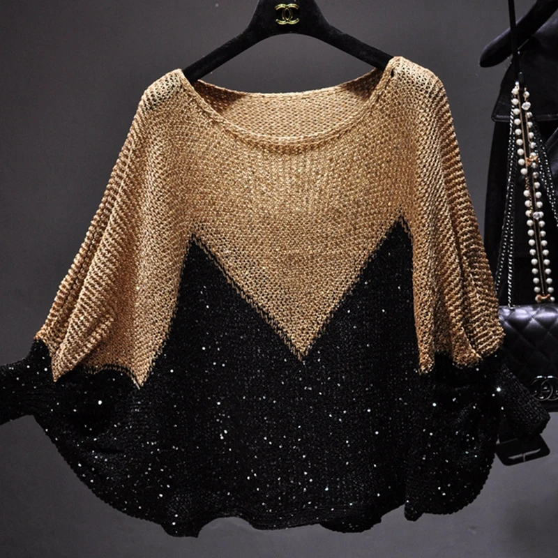 Yan Li Shinny Lurex 스웨터 여성 라운드 넥 롱 점퍼 캐주얼 니트 풀 Femme 풀오버 블링 블링 스팽글 스웨터