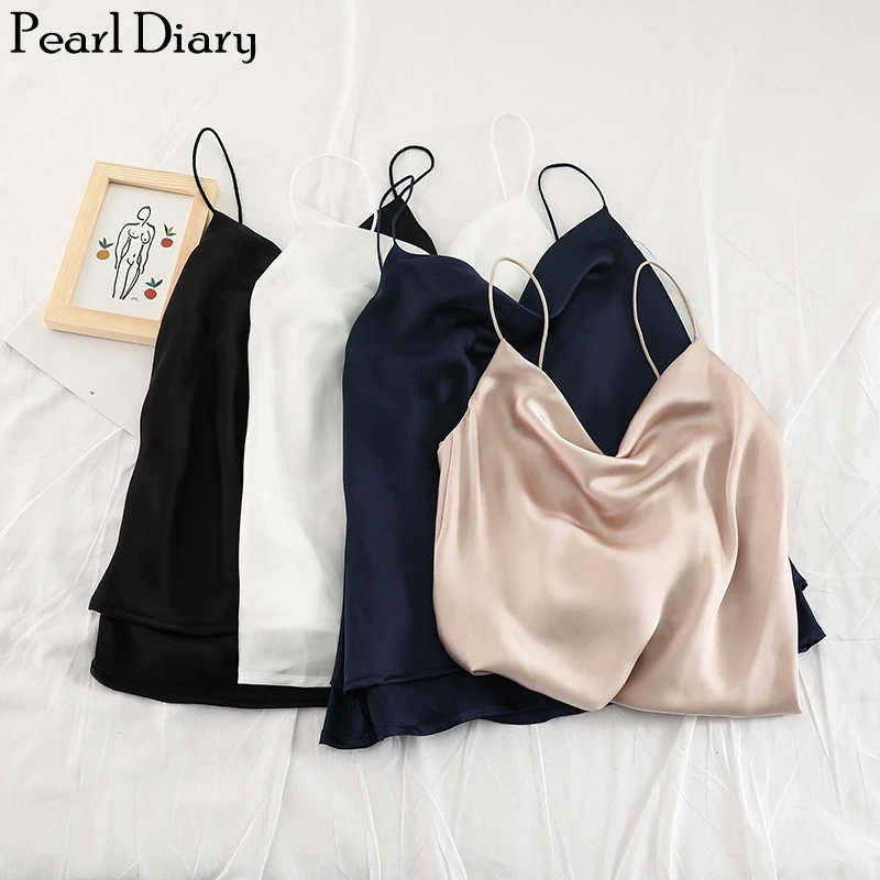 Pearl Diary Women Silk Satin Spaghetti Cami Top Office Lady Drapey Cowl Neck  Smooth Satin Solid Camisole Elegant Fashion Camis - Tanks u0026 Camis -  AliExpress