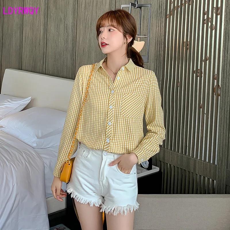 

LDYRWQY spring and summer new Korean women's fashion plaid lapel single-breasted long-sleeved casual wild was thin shirt