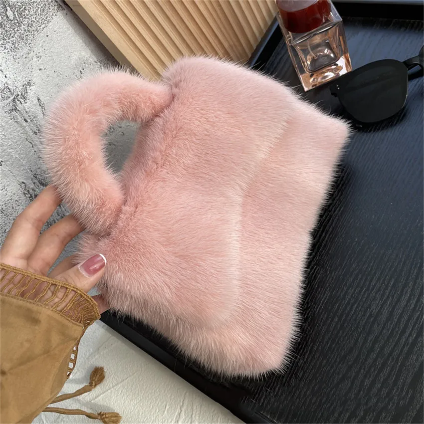 Female Mink Leather Solid Color Plush Casual Lady Handbag Shoulder Fashion Exquisite Shopping Bag_voghion.com