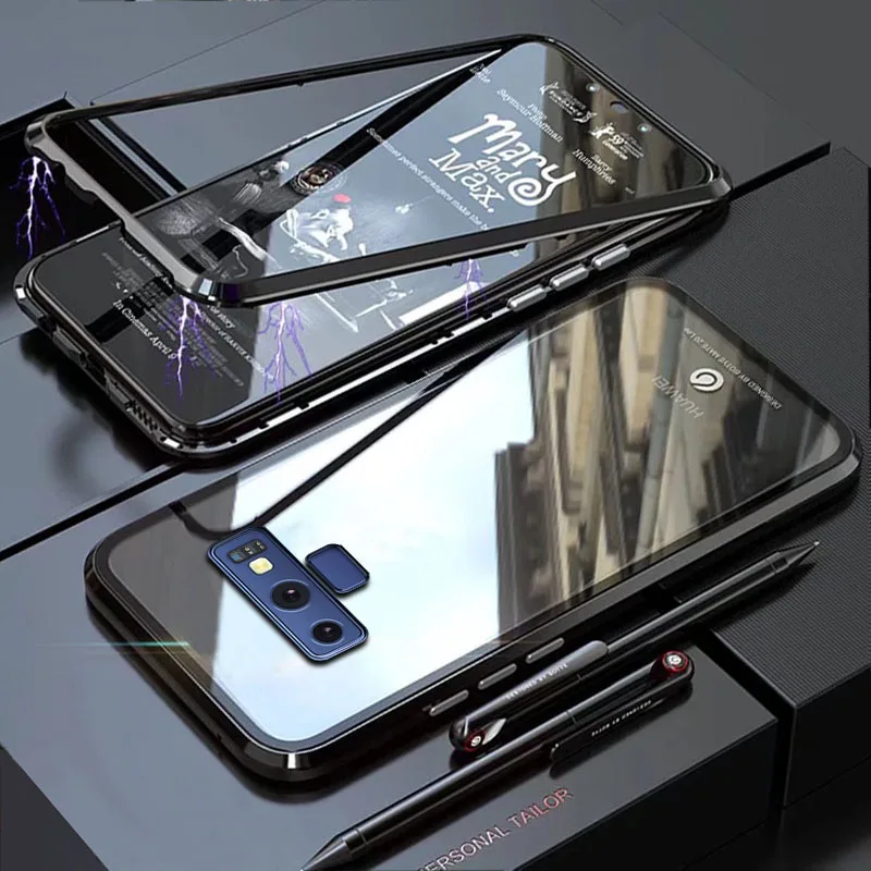 black Чехол YonLinTan Coque для samsung galaxy Note 8 9 Note8 Note9 Металлическая магнитная рамка для адсорбции из закаленного стекла - Цвет: black