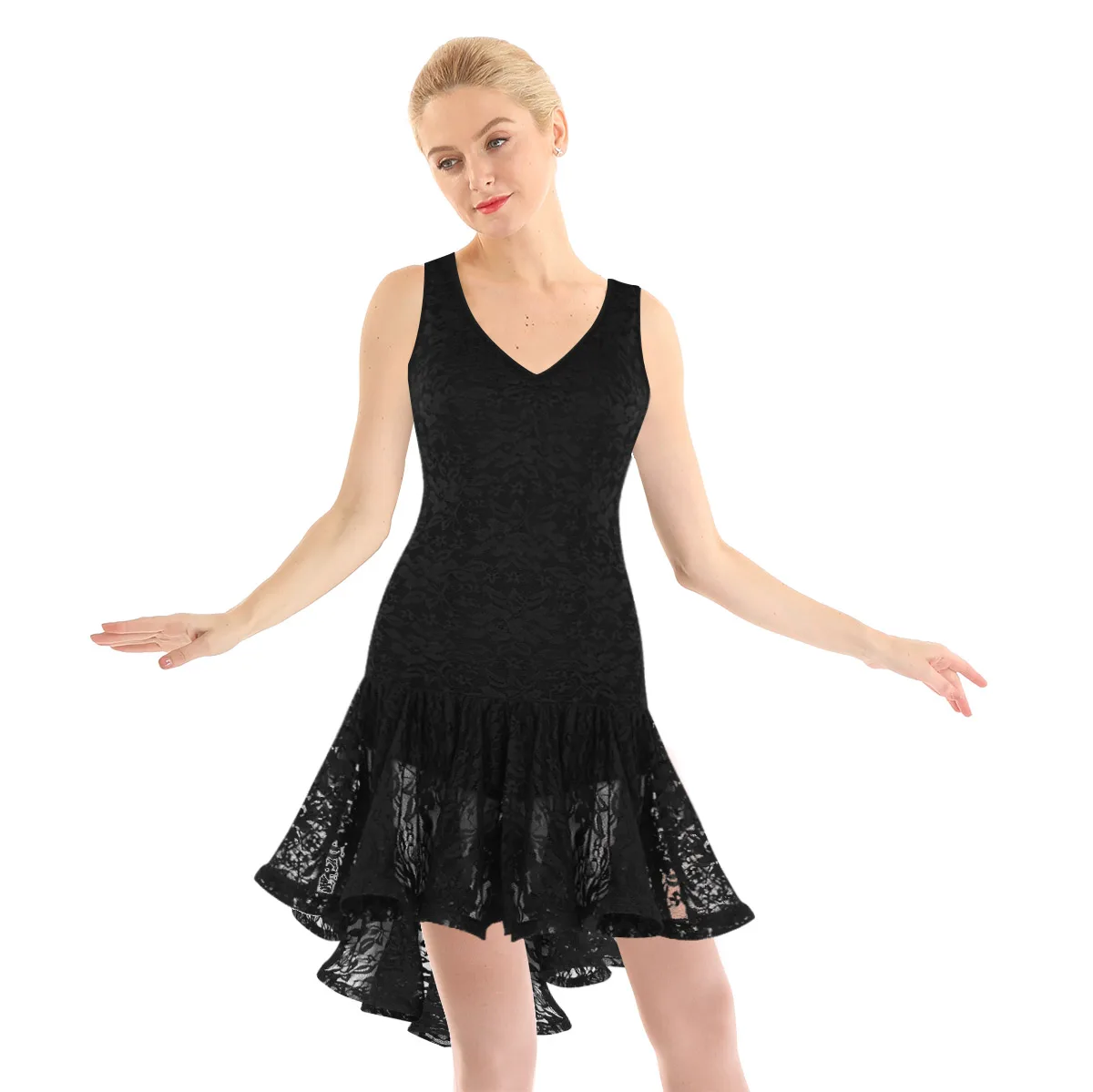Женское платье без рукавов с рюшами, лирическое платье для танцев, танцевальный костюм для взрослых, Одежда для танцев, балетное платье, кружевное асимметричное платье для тренировок - Цвет: Black