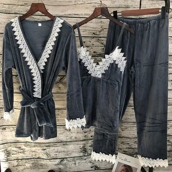 

FLANNEL Women 3PCS Pajamas Suit Intimate Lingerie Coral Fleece Autumn Winter New Sleepwear Sleep Set Casual Lace Pyjamas