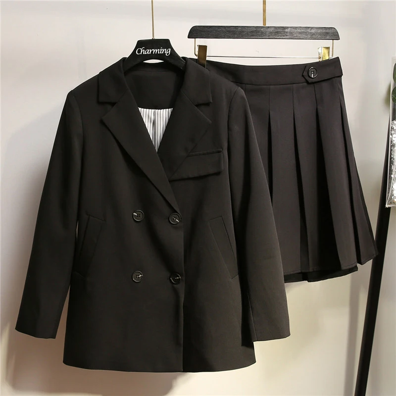

Autumn Double Breasted Notched Blazers +Elastic Waist Mini Skirt Womens Two Piece Sets 2019 Elegant 2 Piece Women Set Plus Size