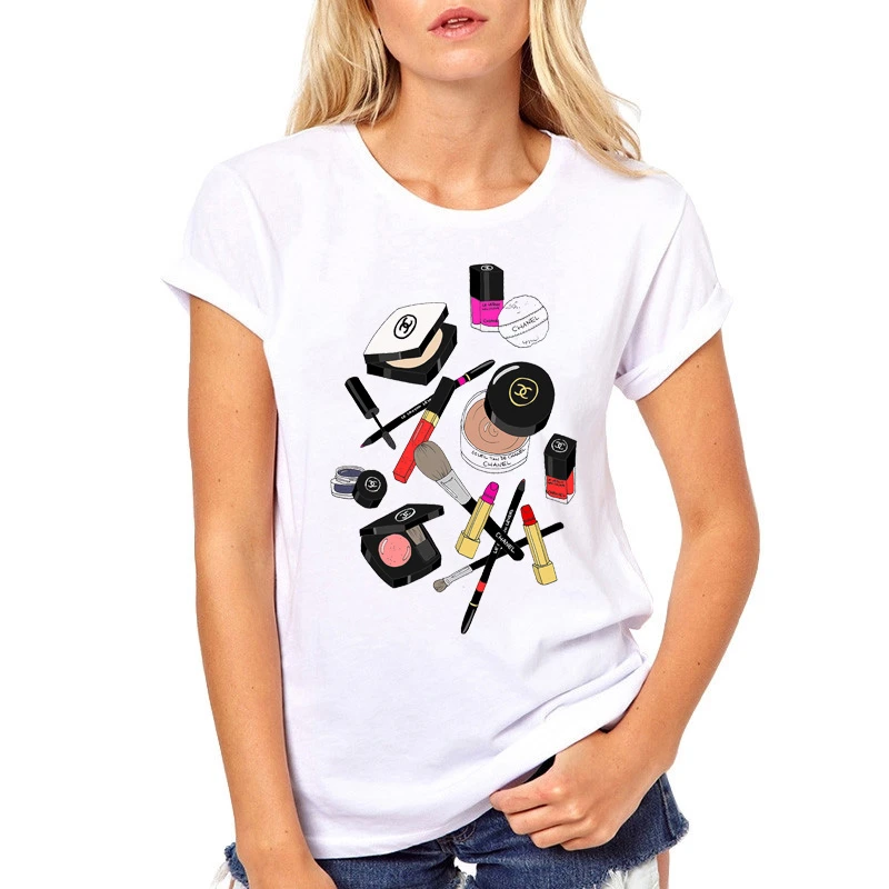 2018-new-Perfume-Lipstick-Nail-Polish-printed-t-shirt-women-fashion-makeup-tee-shirt-femme-tshirt_副本