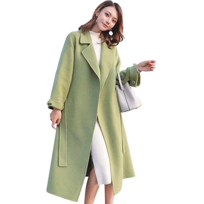 

Women Winter Woolen Coats 2019 Autumn New Korean Turn-down Collar Loose Long Belted Solid Wool Blend Coat Female Outwear