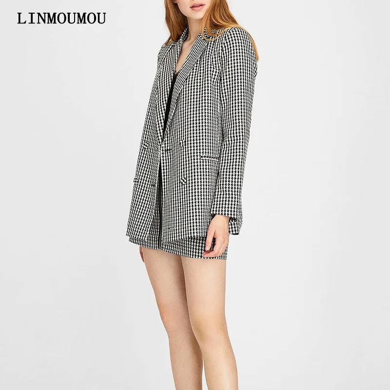 

Ladies Fall Lapel Jacket Vintage Plaid Print Double Breasted Suit Loose Long Sleeve Pocket Decorative Office Blazer