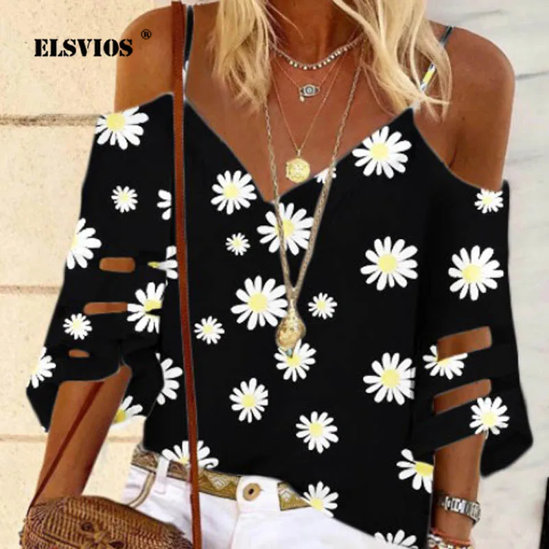 Blusa elegante con dibujo de Margarita para verano, camisa elegante con cuello de pico y manga acampanada para mujer, 2020
