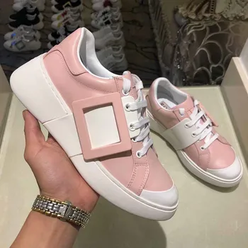 

Real Leather Sneakers Women Crystal Trainers Creeper Sneakers Flat Heels Low Platform Tenis Feminino Fashion Buckle Shoes Women