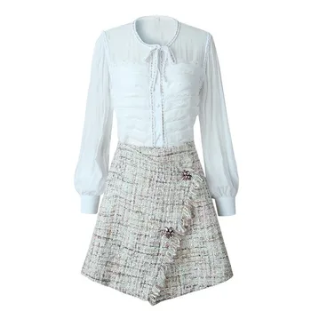 

Fashion Women Spring Blouses Top Tweed Mini Skirt Two Piece Outfits Set Office Ladies Transparent Shirt Crystal Wrap Skirts Suit