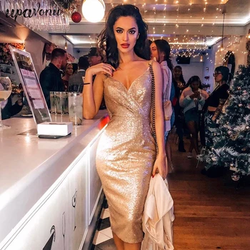 

2019 New Gold Sequined Halter Sexy BodyconV Collar Sling Dress Female Sleeveless Knee Dress Party Club Sling Dress Vestidos