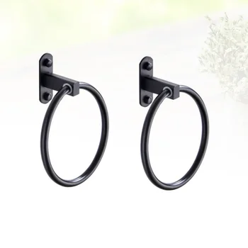 

2pcs Punch Free Towel Rack Holder Round Ring Hanging Rack Space Aluminum Material for Home Bathroom (Black)