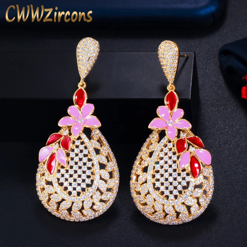 

CWWZircons Unique Red Enamel Flower Leaf Shape Dangle Drop Long CZ Earrings Indian Gold Color Wedding Bridal Party Jewelry CZ773