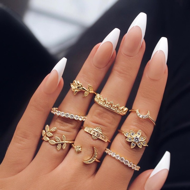 Crystal Geometry Knuckle Finger Ring Set For Women Eye Flower Leaves Charm Chain Rings Female Bohemia Jewelry