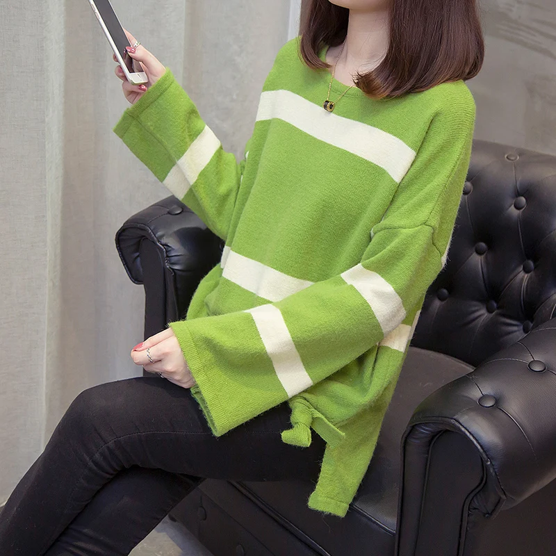 plus size ladies oversize sweater women autumn winter tops clothes 2019 pullover knitwear striped green sweaters female F0765 | Женская
