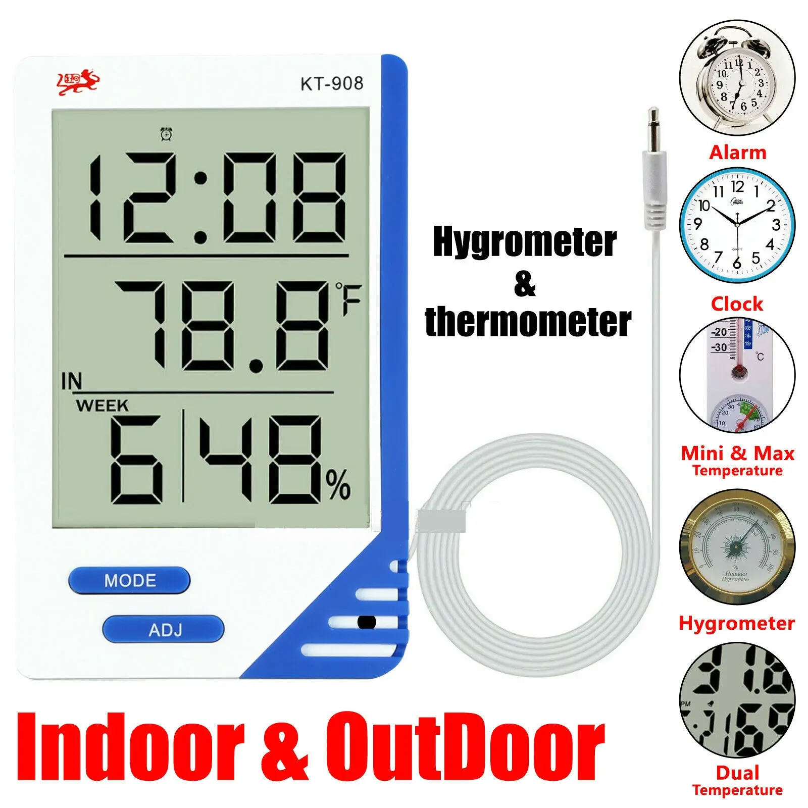

High Quality KT-908 Digital Thermometer Big Screen Indoor and Outdoor Temperature Hygrometer with Large LCD display