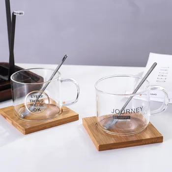

Nordic Ins Transparent Borosilicate Glass with Spoon Wooden Tray 260ml Household Creative Milk Breakfast Mugs Office Coffee Cups