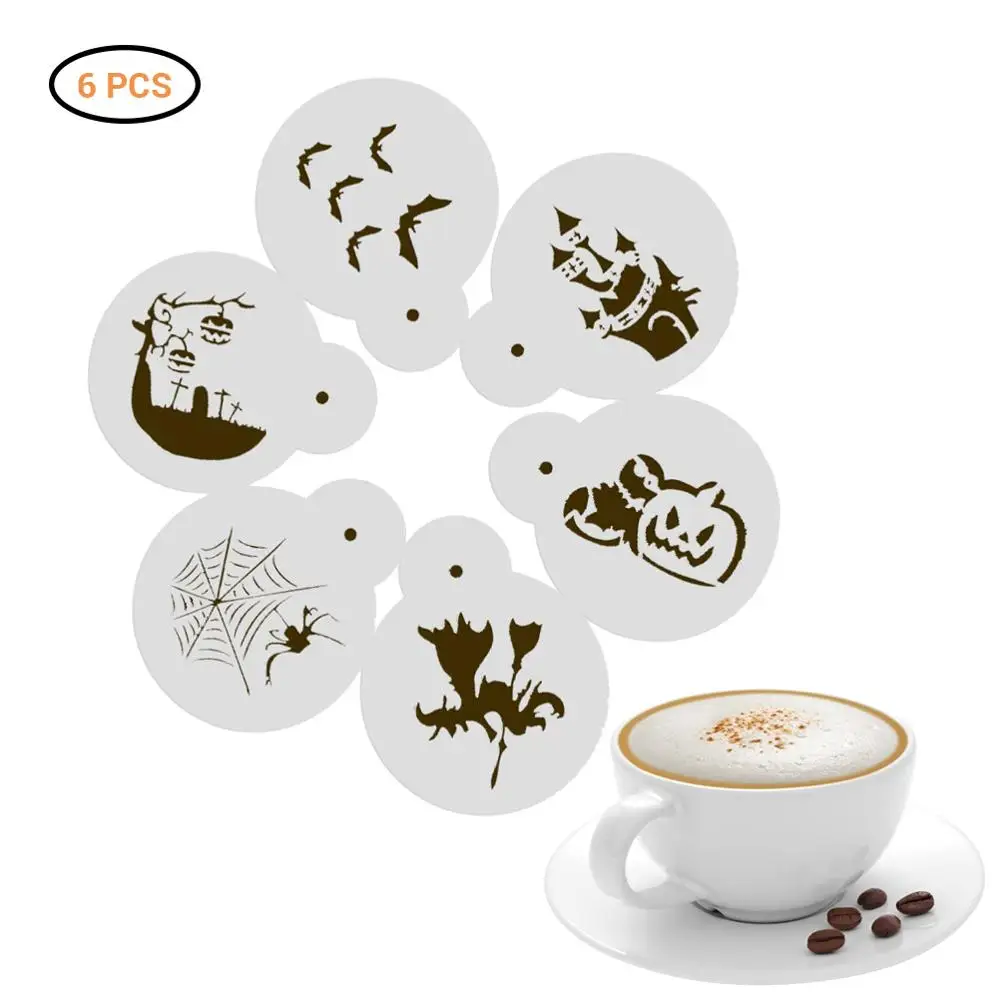 

6Pcs Halloween Coffee Drawing Mould Spray Castle Printing Sieve Powder Mold Cookie Cupcake Witch Spider Pumpkin Coffee Tools