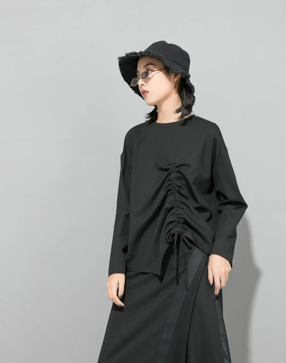 TVVOVVIN, женская черная Асимметричная Hemline футболка большого размера, новая модная футболка с круглым вырезом и длинным рукавом, весна-осень 2019X563