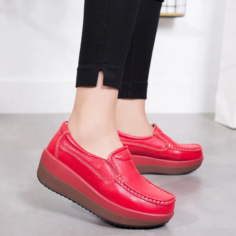 

2019 Autumn And Winter New Style Genuine Leather Platform WOMEN'S Shoes Thick Bottomed Comfortable Mom Shoes plus Cotton Warm Ca