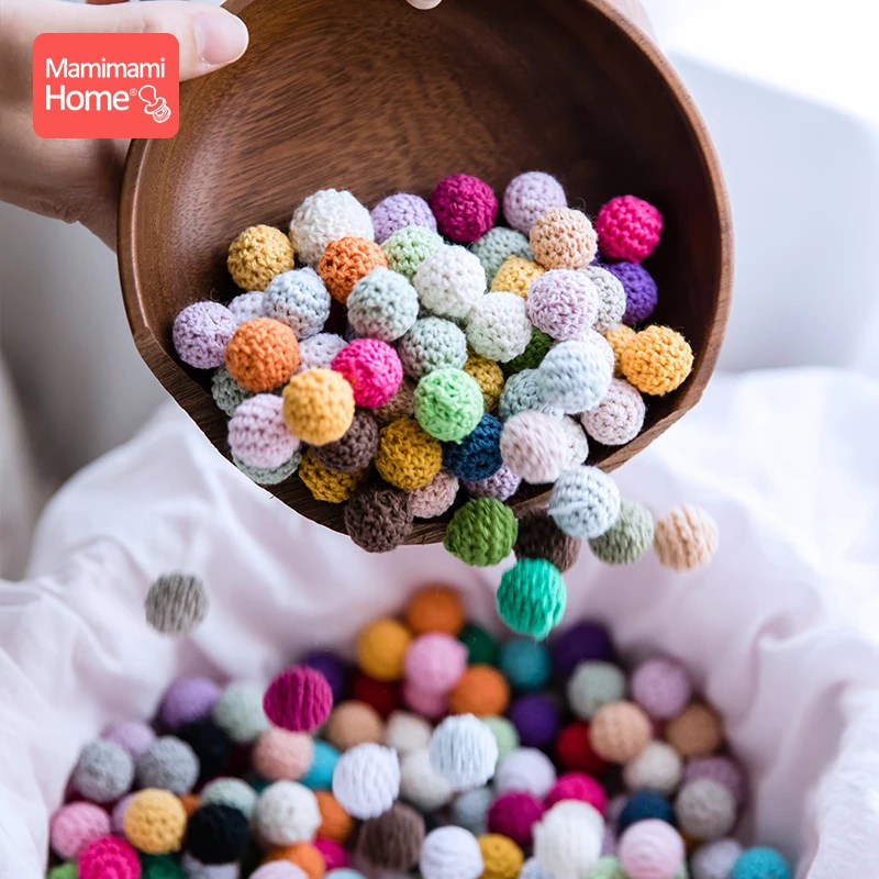 

16mm New Round Wooden Crocheted Beads 50PC/Set Colorful Woolen Teether DIY Nursing Jewelry Teething Necklace Baby Teether