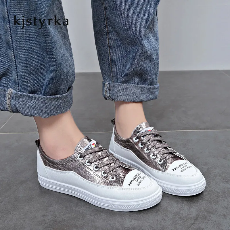 

Kjstyrka 2019 student Women flats lace up round toe Spring/autumn single shoes white shoes bling sequin Anti-slip women Mules
