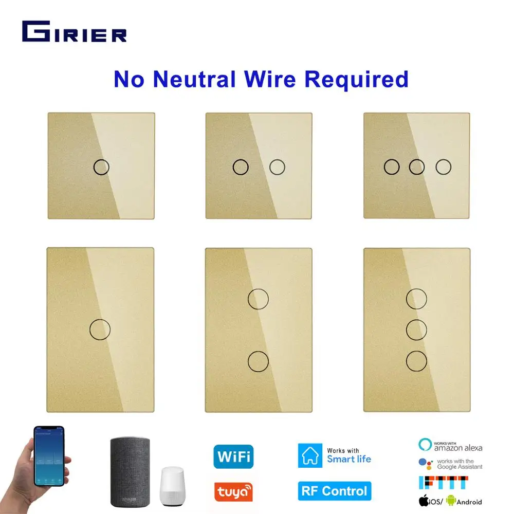 Tanie Inteligentny przełącznik ścienny włącznik światła wi fi nie przewód neutralny wymagany Tuya RF433 głos bezprzewodowy zdalny przełącznik dla Alexa EU US 170 240V