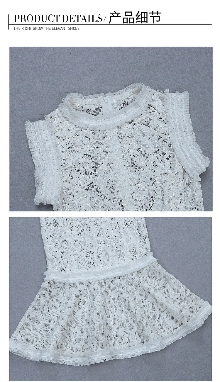 BacklakeGirls White High Neck Lace Cut Out Mermaid Ruffle Sleeves Cocktail Dresses Tea Length Women Cokctail Party Dress