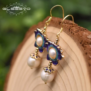 

GLSEEVO CloisonneTrendy Drop Earrings For Women Gift Natural Fresh Water Pearl Handmade Vintage Flower Earrings Jewellery GE0969
