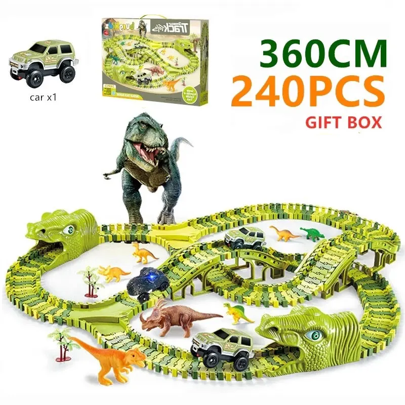 Wangday Dinosaur Car Race Train Track Toys 142 Piece Tracks and 2 Dinosaurs 