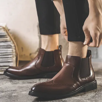 

New Autumn Early Winter Shoes Men Chelsea Boots Fashion Brand Pu Leather Boots Male Footwear Black Brown A2553