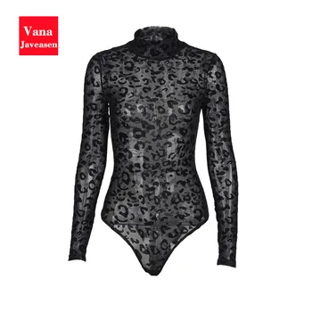 

Skinny Sexy Bodysuits Womens Stand Collar Leopard Print Long-Sleeved Mesh Bodysuits Black Sexy perspective Rompers Women Tops