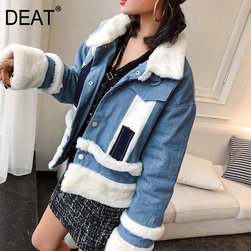 

[DEAT] 2019 Autumn Winter Women's Fashion Trend New Pattern Street Style Wild Lamb Stitching Denim Thick Cotton Coat AI578