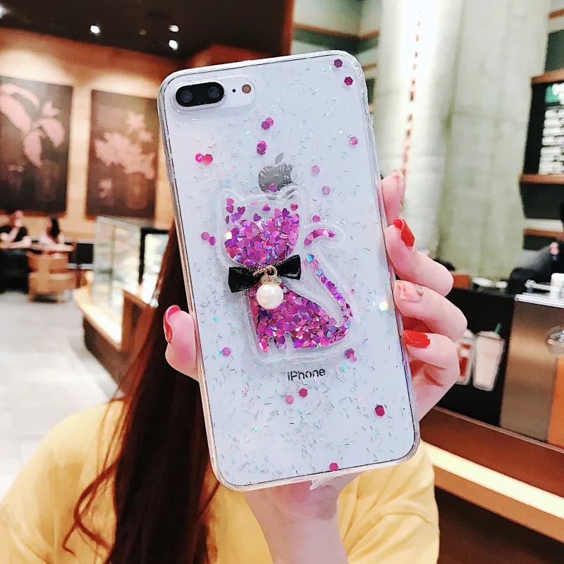 Чехол для Xiaomi Mi A1 A2 lite A3 9 SE Honor 8 lite F1 Note10 redmi 7A 7 Note 5, 6, 7, 8 Pro движущаяся блеск сердце с блестками cat Чехол для телефона
