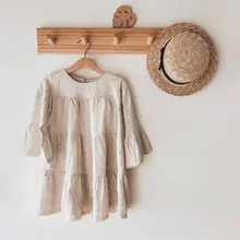 Весенне-Летнее льняное платье с круглым вырезом и длинными рукавами для девочек