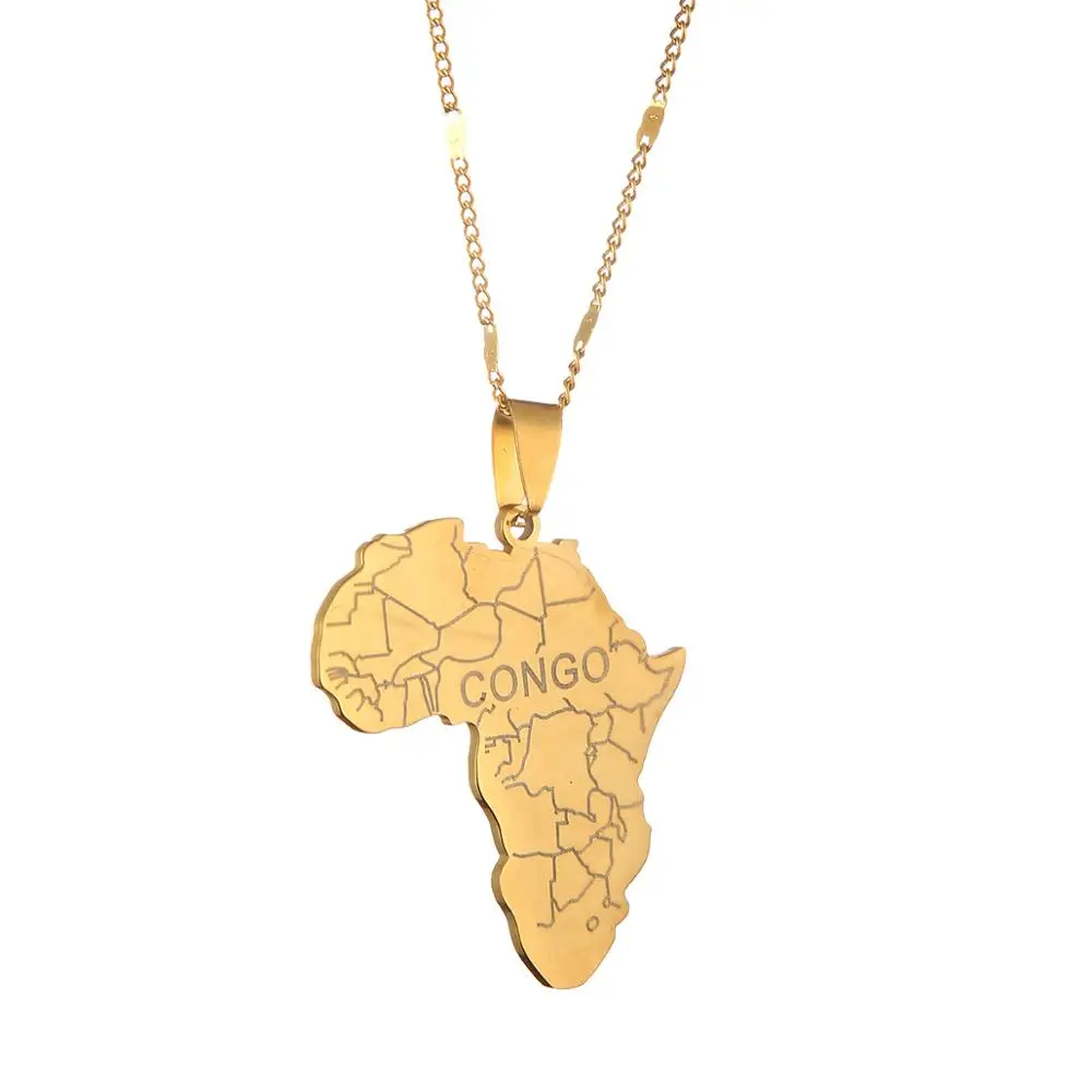 Stainless Steel Africa Map With Congo Pendant Necklaces Gold Color 