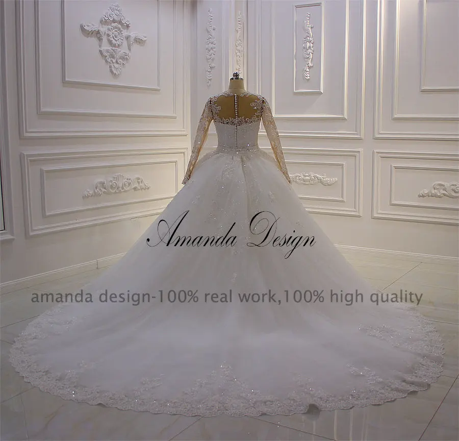 Аманда Дизайн Свадебные платья кружева аппликация полный рукав Съемная юбка свадебное платье