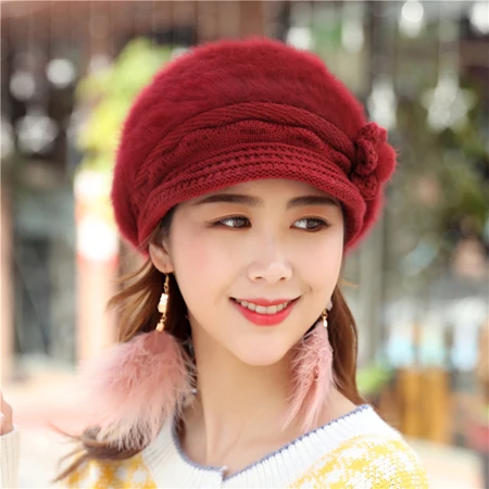 [DINGDNSHOW] New Skullies Beanies Hat Wool Bowknot Bonnet Hat Warm Knitted Winter Cap Women Hat - Цвет: deep red adult